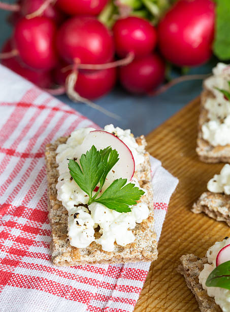 istock Crispbread with cottage cheese radishes and herbs 525370305