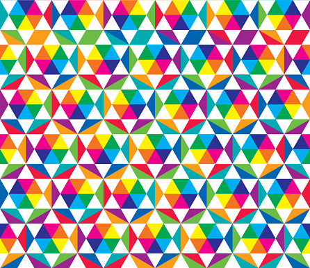 Seamless pattern with color wheel (rainbow colors) kaleidoscope. The triangular structure shows primary (magenta, cyan and yellow) and secondary colors (orange, green and dark blue) in the middle and the further mixes around.