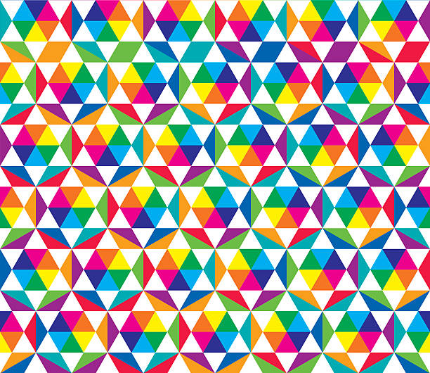 Color wheel kaleidoscope (Seamless pattern) Seamless pattern with color wheel (rainbow colors) kaleidoscope. The triangular structure shows primary (magenta, cyan and yellow) and secondary colors (orange, green and dark blue) in the middle and the further mixes around. secondary colors stock illustrations
