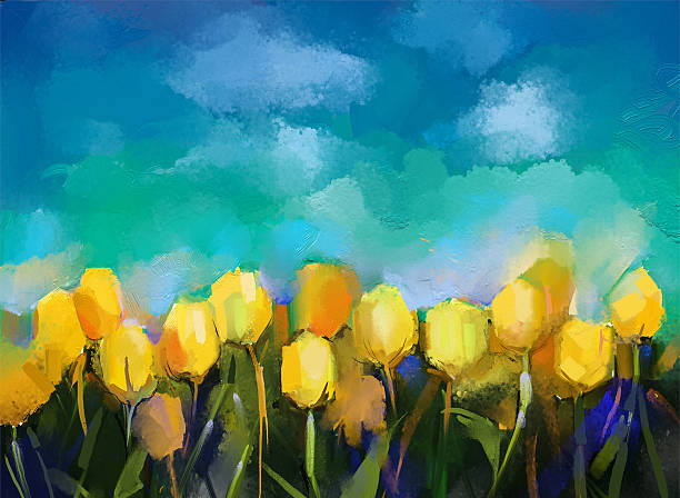 tulipany flowers.abstract kwiat malarstwo olejne - tulip single flower flower yellow stock illustrations