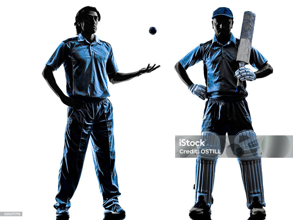 two Cricket players  silhouette two Cricket players in silhouette shadow on white background Cricket Player Stock Photo