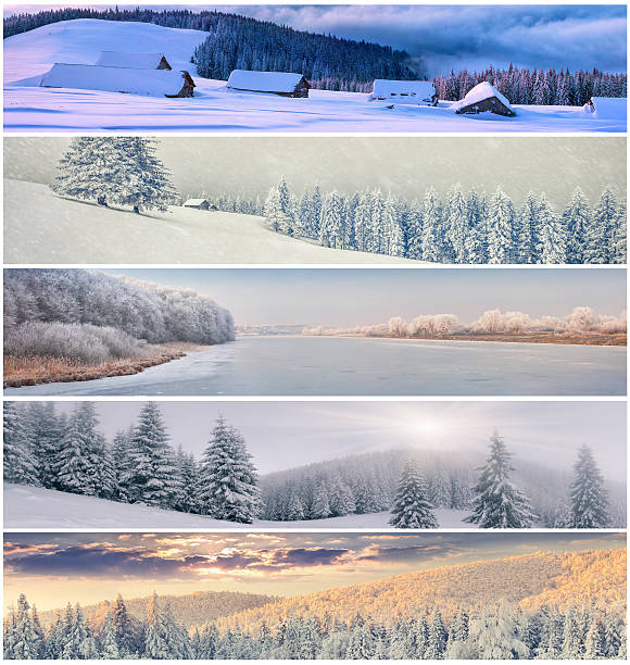 istock Winter collage with 5 different Christmas landscape for banners. 525379603