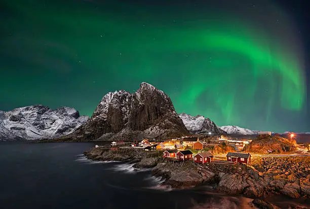 Beautiful aurora over Hamnoy, in  the Lofoten islands, Norway