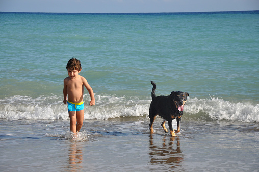 My son 3 and a half years old Cinar and our dog (8 years old female Rottweiler Mia) is sharing a playfull time on our latest trip to Kas - Antalya...