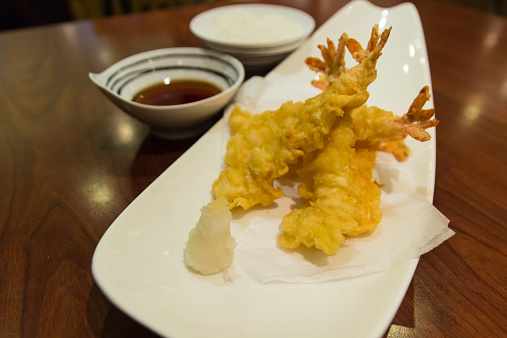 fried prawn japanese tempura with radish,rice and and soy sauce