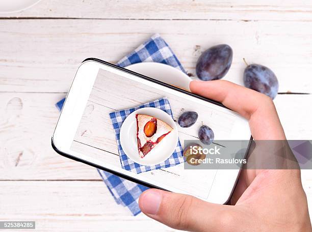 Hands Taking Photo Plum Cake With Smartphone Stock Photo - Download Image Now - Baking, Breakfast, Cake