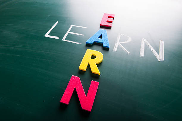 istock Learn and earn, conceptual words on blackboard. 525385513