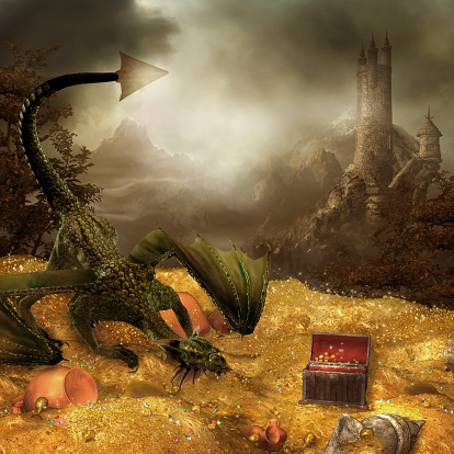 Fantasy scenery with dragon's treasure and a castle