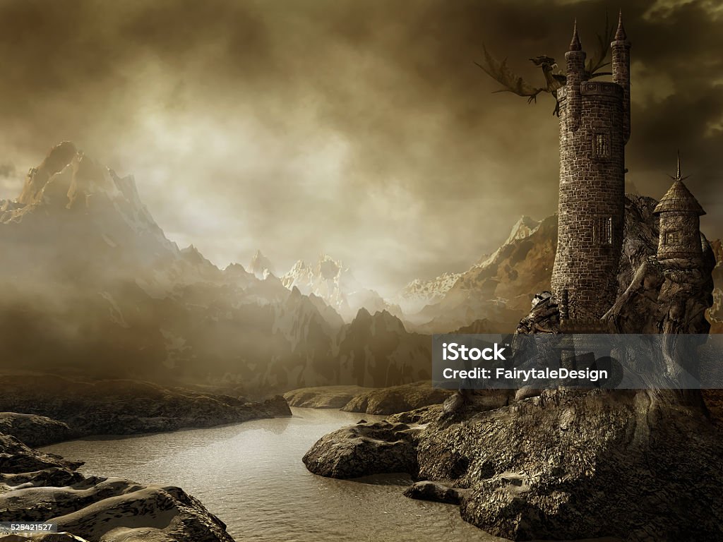 Fantasy landscape with a tower Fantasy landscape with a tower by the river and a flying dragon Dragon Stock Photo