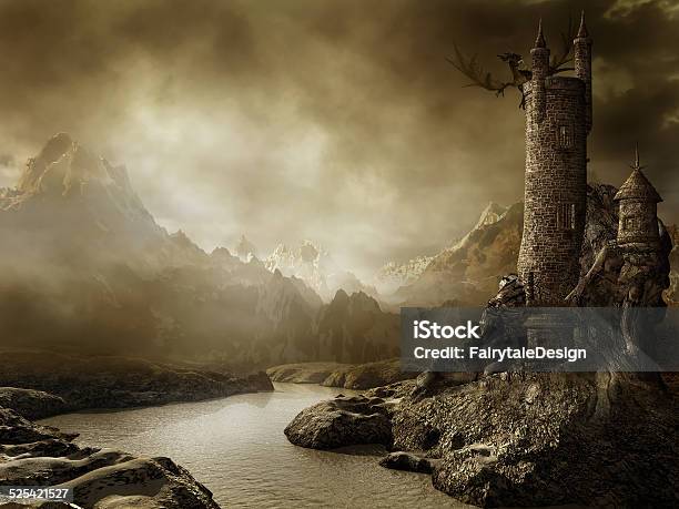 Fantasy Landscape With A Tower Stock Photo - Download Image Now - Dragon, Castle, Fantasy