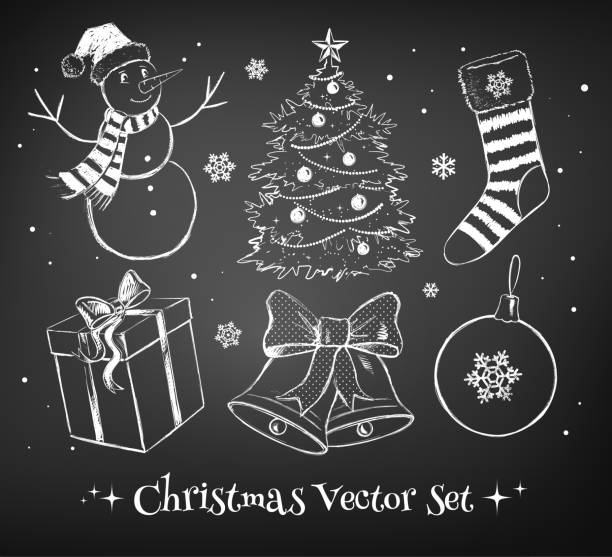 illustrazioni stock, clip art, cartoni animati e icone di tendenza di natale impostato. - blackboard christmas retro revival old fashioned