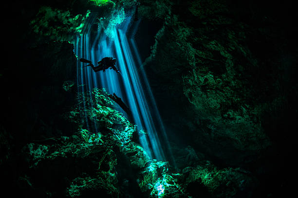 Amazing underwater world in the caves Scuba diver exploring the underwater cenotes in Mexico near Puerto Aventuras. Caves are dark and the light always gives different amazing ambient underwater. cenote stock pictures, royalty-free photos & images