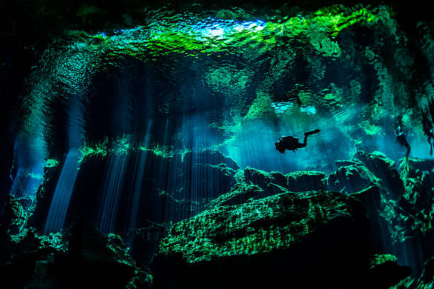 Strange underwater locations Scuba diver exploring the underwater cenotes in Mexico near Puerto Aventuras. Caves are dark and the light always gives different amazing ambient underwater. puerto aventuras stock pictures, royalty-free photos & images