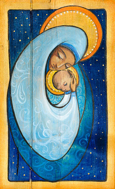 Madonna Madonna and infant Jesus painted on a wood. christmas oil painting stock illustrations