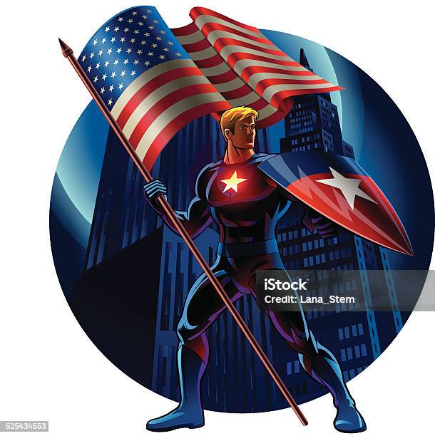 Superhero With The American Flag Vector Illustration Stock Illustration - Download Image Now