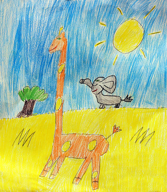 istock giraffe and elephant children's drawing 525434973