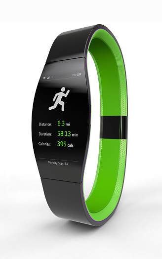 Modern mobile device (smartwatch) to wear on the wrist like a watch, running a fitness app. Image contains clipping path.