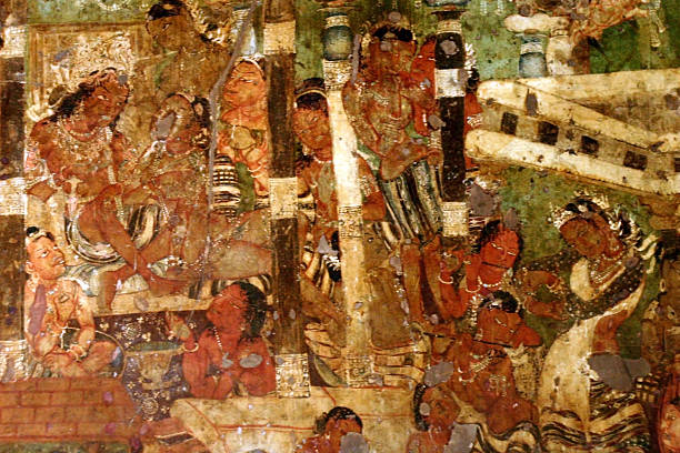 Mural Painting in Ajanta Cave Ajanta Cave, Maharashtra, India (22nd June 2008): This is one of the rarest mural painting that preserved well in Ajanta Caves. These are 13th century paintings painted by buddhish showing different aspects of life of Buddha. ajanta caves stock pictures, royalty-free photos & images