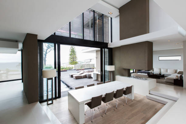 istock Elevated view of spacious dining room with patio 525440039