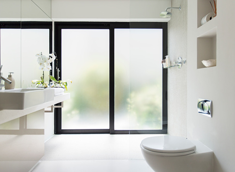 Baño moderno blanco limpio con puerta de vidrio esmerilado photo
