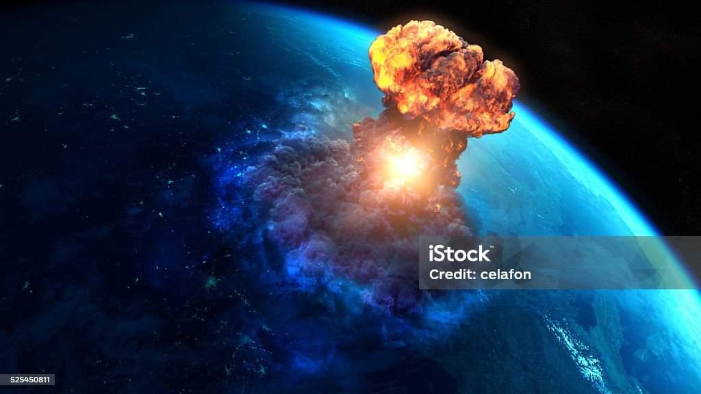 Armageddon Nuclear bomb or asteroid impact creates a nuke mushroom Nuclear Weapon Stock Photo