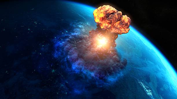 Armageddon Nuclear bomb or asteroid impact creates a nuke mushroom apocalypse fire stock pictures, royalty-free photos & images