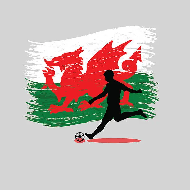 Vector illustration of Soccer Player action with Wales flag on background