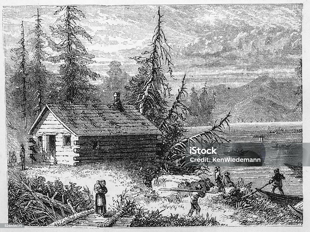 Church in the Wilderness 19th century illustation of  worshipers arriving at a small log church alongside a mountain lake .From a December 1875 issue of Harper's New Monthly Magazine Log Cabin stock illustration