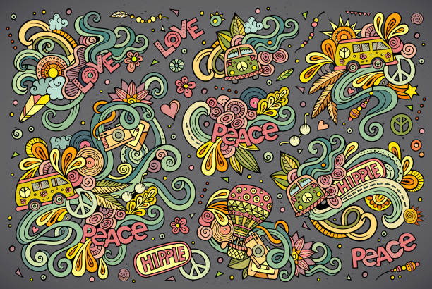 illustrations, cliparts, dessins animés et icônes de ensemble de coloré hippie objets - hippie
