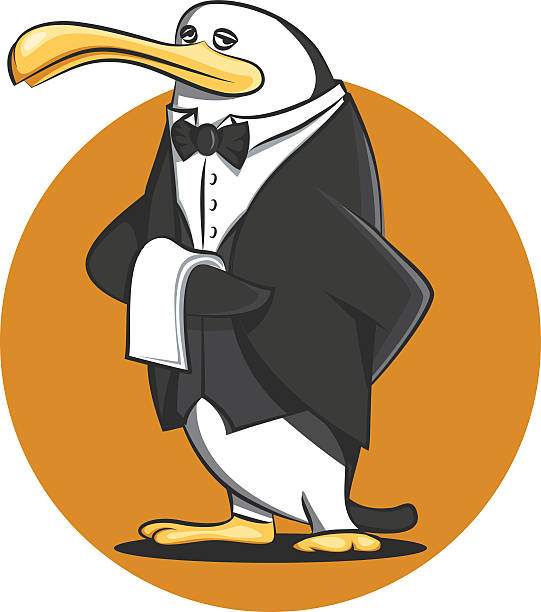 Funny Butler Waiter Penguin Cartoon in Uniform Vector vector art illustration