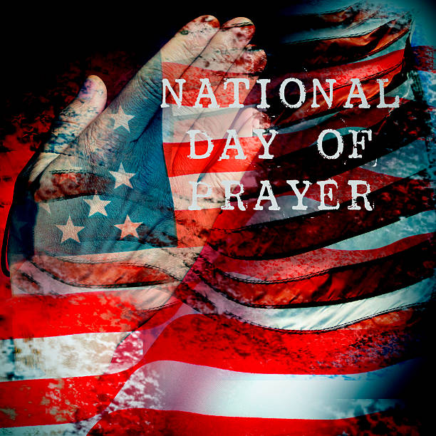 man praying and text national day of prayer a double exposure of the flag of the United States and a the hands of a young caucasian man praying, and the text national day of prayer national day of prayer stock pictures, royalty-free photos & images