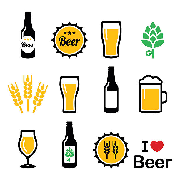 Beer colorful vector icons set - bottle, glass, pint Drinking beer, pub icons set isolated on white glass of beer stock illustrations