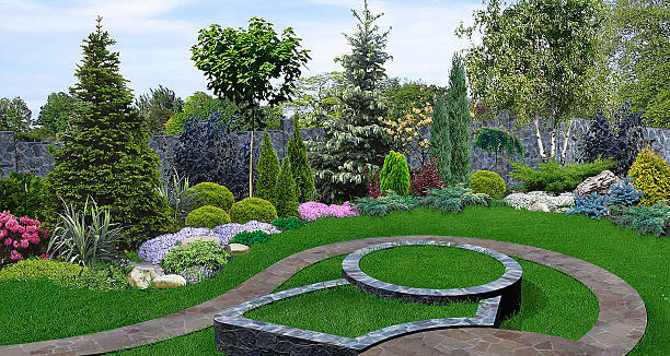 заднем дворе посадкой зеленью, 3d-рендеринг - retaining wall flower bed ornamental garden landscaped стоковые фото и изображения