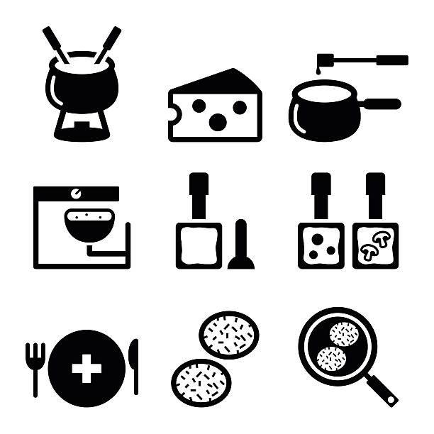 ilustrações de stock, clip art, desenhos animados e ícones de suíça pratos e comida de ícones-fondue, raclette, rösti, queijo - cheese food swiss cheese dairy product