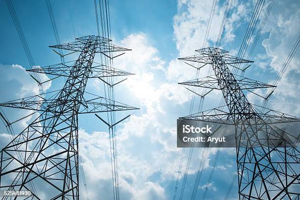 Power Tower Stock Photo - Download Image Now - Communications Tower, Power Line, In A Row