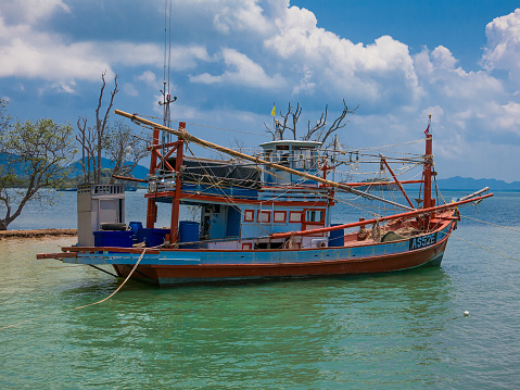 Old Town, Koh Lanta, Thailand - April 25, 2016: Fishing Boat Moored Andaman Sea