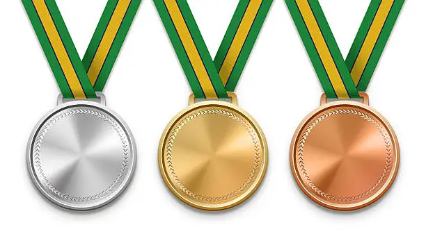 Three winning medals with Brazilian flag ribbon.