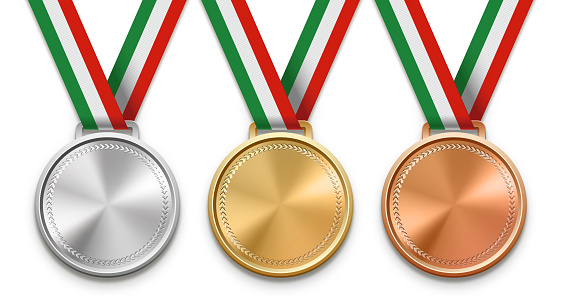 Three winning medals with Italian flag ribbon.