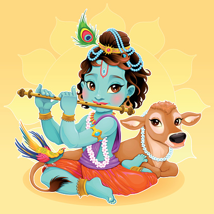 Baby Krishna With Sacred Cow Stock Illustration - Download Image Now -  Animal, Anthropomorphic Smiley Face, Art - iStock