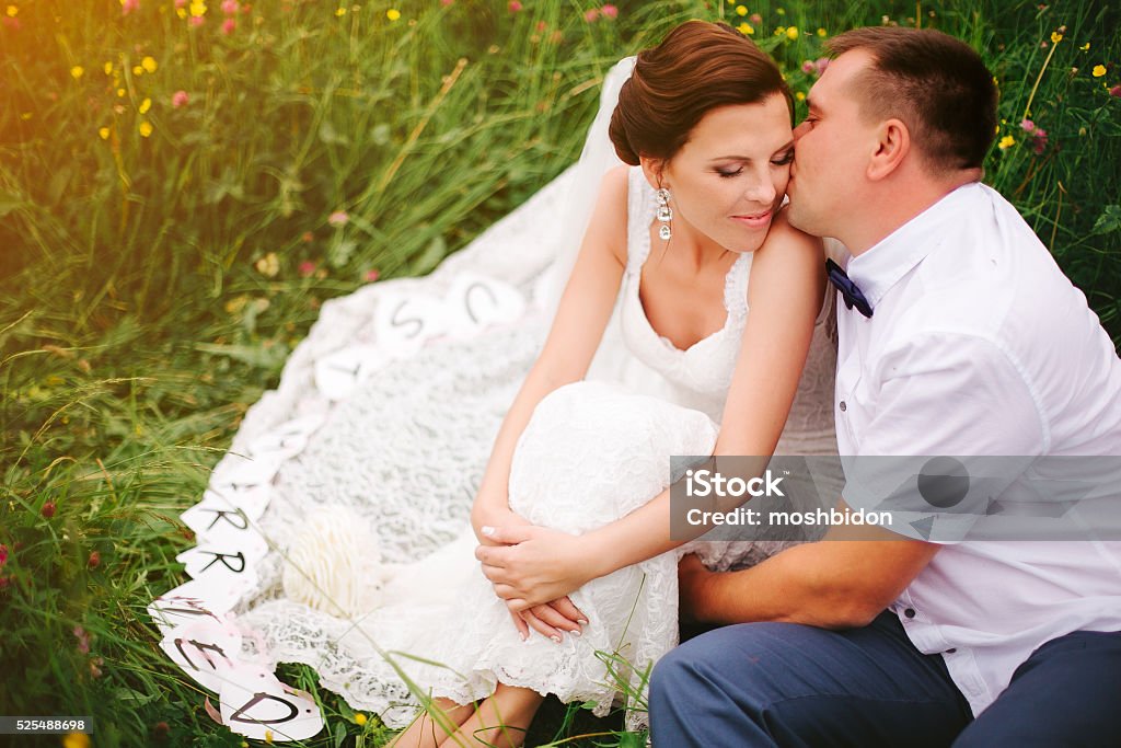 Closeup groom kisses bride on the cheek, sunset meadow Groom kisses bride on the cheek Affectionate Stock Photo