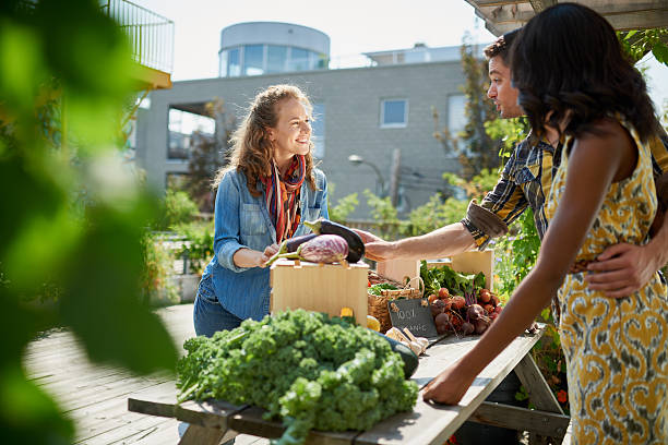 amigável mulher tendência um box com vegetais orgânicos em um agricultor - built structure green business city - fotografias e filmes do acervo