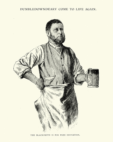 Vintage engraving of a Victorian blacksmith drinking beer from a tankard. 1892