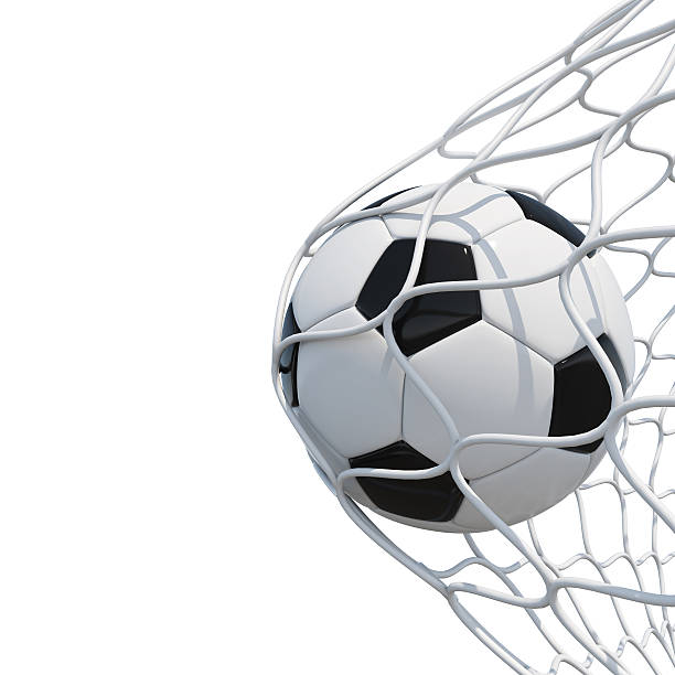 istock Soccer ball in net on white background 525497184