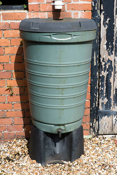 istock Water butt fed by a downpipe against a shed wall 525497258