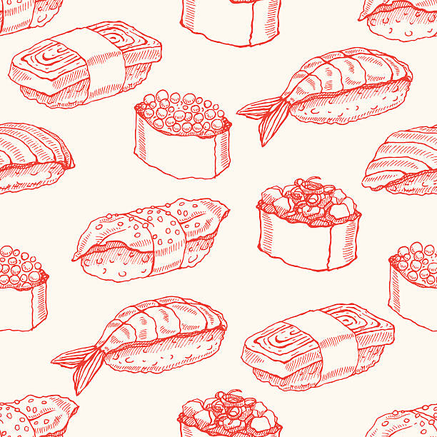 illustrazioni stock, clip art, cartoni animati e icone di tendenza di seamless sfondo con disegno di sushi - caviar salmon red gourmet