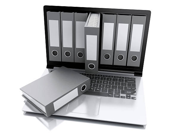 istock 3d Laptop and files. isolated white background 525498843
