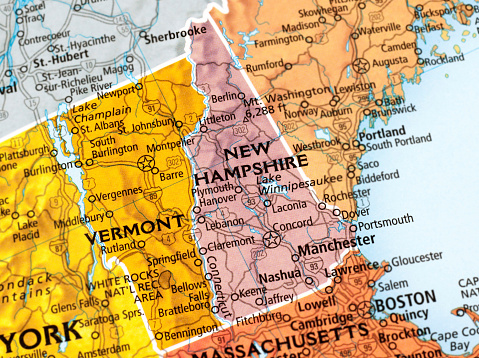 Map of Vermont and New Hampshire States in USA.