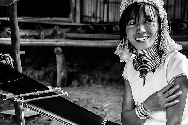 Portrait Karen Hill's Tribes BW 9 Сhiang Rai, Thailand - July 8, 2013: Portraits Karen Hill's Tribes BW, Karen Hill's Tribes, Chiang Rai, north of Thailand, 2013 july 8th padaung tribe stock pictures, royalty-free photos & images