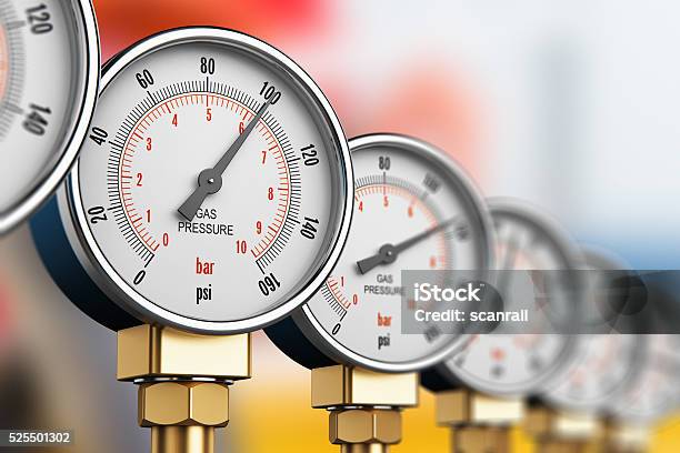 Row Of Industrial High Pressure Gas Gauge Meters Stock Photo - Download Image Now - Natural Gas, Physical Pressure, Pressure Gauge