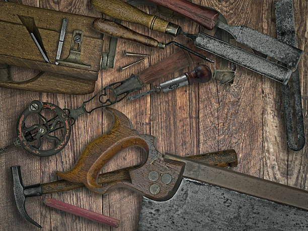 istock vintage woodworking tools on wooden bench 525508001